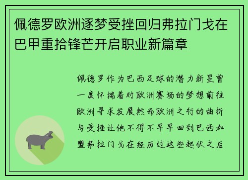 佩德罗欧洲逐梦受挫回归弗拉门戈在巴甲重拾锋芒开启职业新篇章 佩德罗欧洲逐梦受挫回归弗拉门戈在巴甲重拾锋芒开启职业新篇章