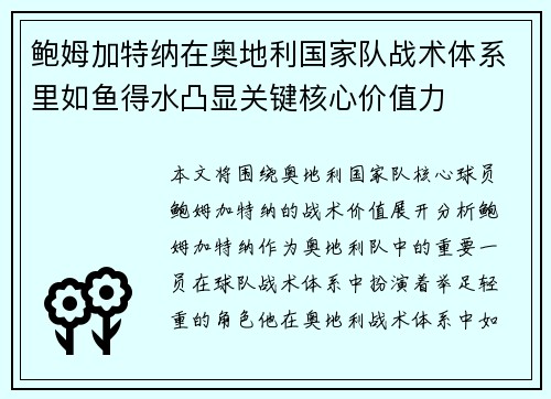 鲍姆加特纳在奥地利国家队战术体系里如鱼得水凸显关键核心价值力 鲍姆加特纳在奥地利国家队战术体系里如鱼得水凸显关键核心价值力