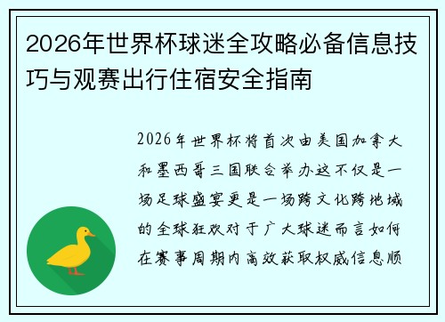 2026年世界杯球迷全攻略必备信息技巧与观赛出行住宿安全指南 2026年世界杯球迷全攻略必备信息技巧与观赛出行住宿安全指南